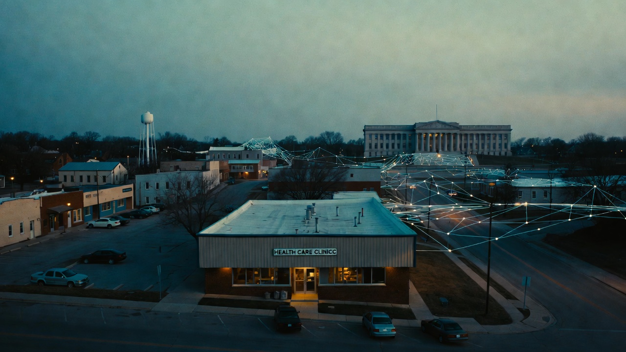 A small town clinic is connected via data flows to a federal government style building in the distance