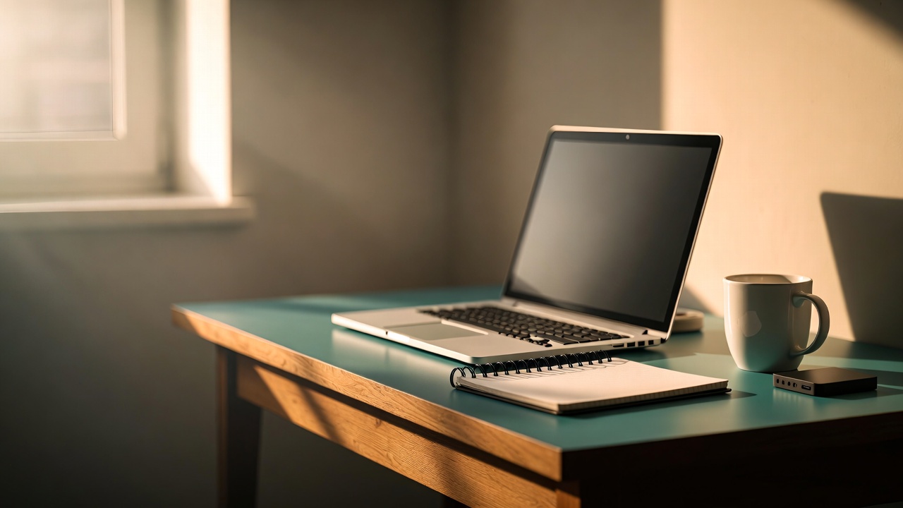 Image of a laptop sitting on a desk with a notebook and coffee cup beside it