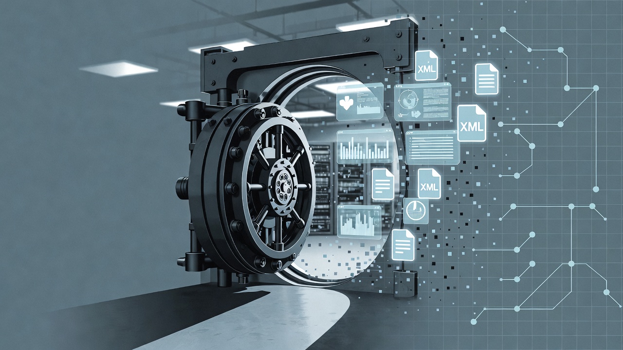 A depiction of a Vault opening with XML and data floating out