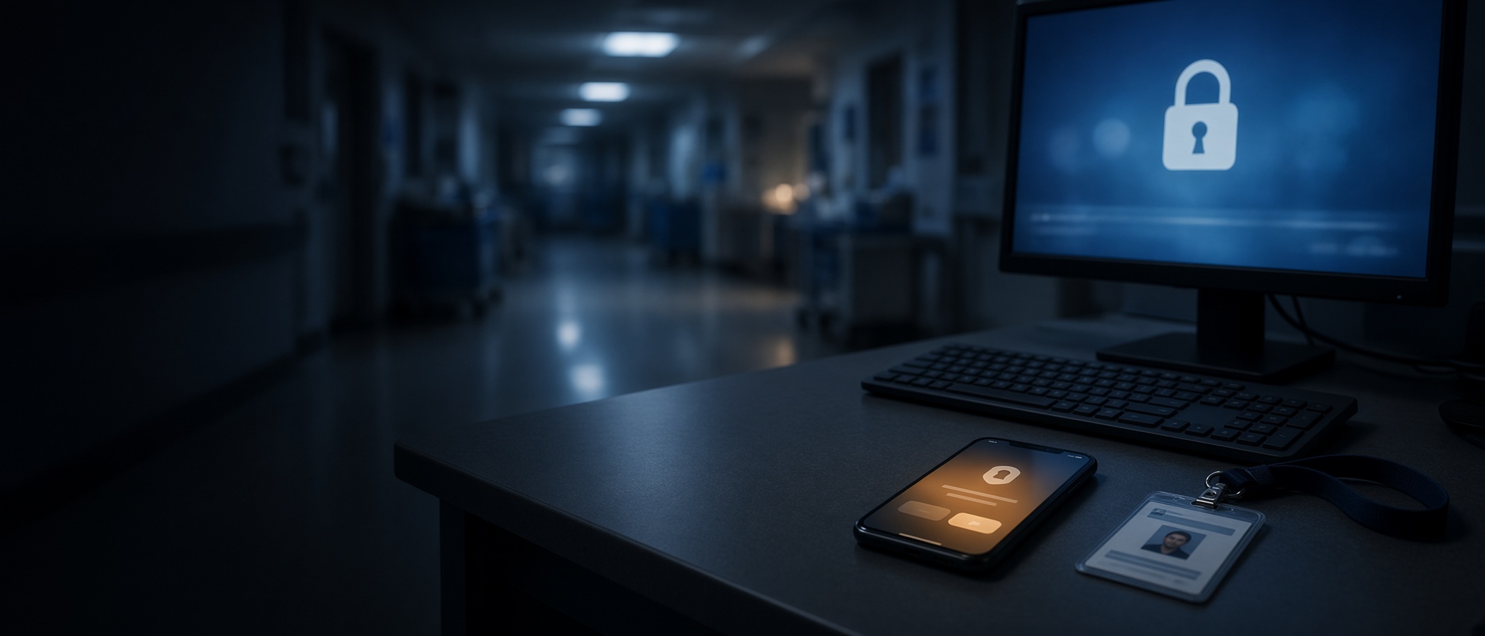Night scene at a hospital IT workstation.