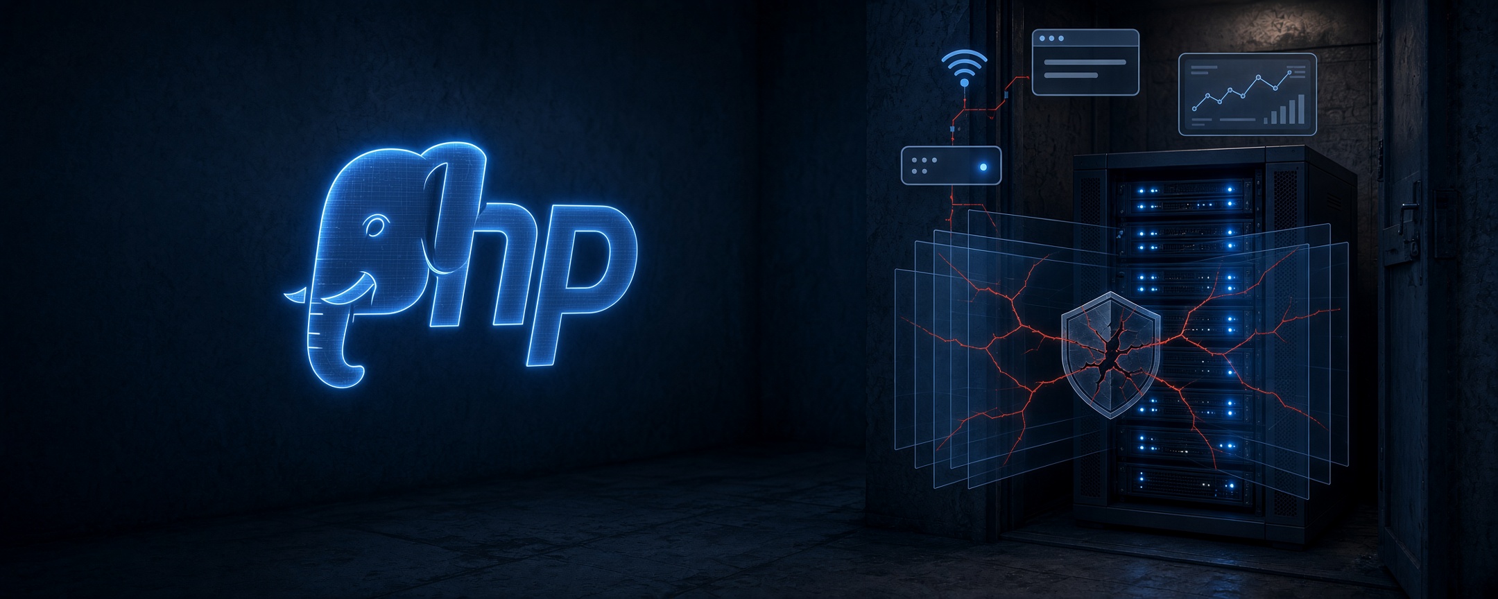 A network rack in a dark room showing a broken security shield icon, with a glowing PHP elephant logo off to the left side