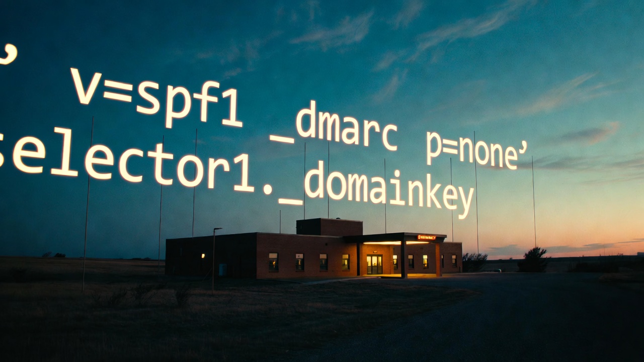 A rural hospital depiction with floating spf and dkim selectors overlayed against a twighlight sky