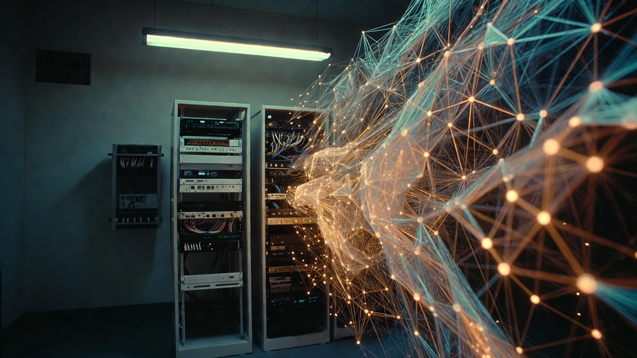 depiction of node style linked data lines streaming from out of a server cabinet