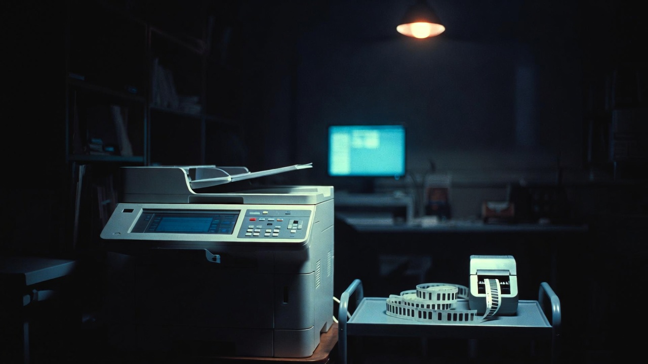 A legacy multi function printer sits next to a patient wrist band printer.  A single computer screen is lit up in the dark background.