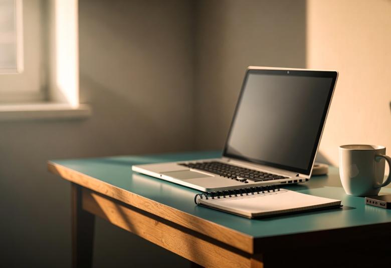 Image of a laptop sitting on a desk with a notebook and coffee cup beside it