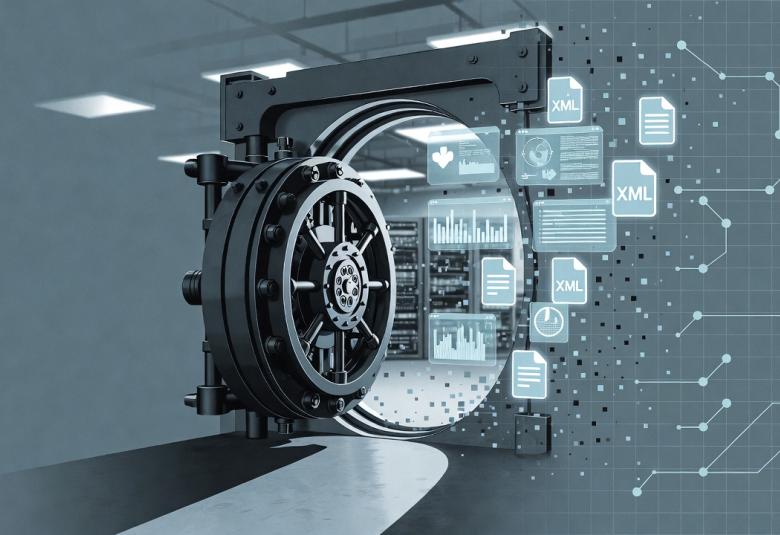 A depiction of a Vault opening with XML and data floating out
