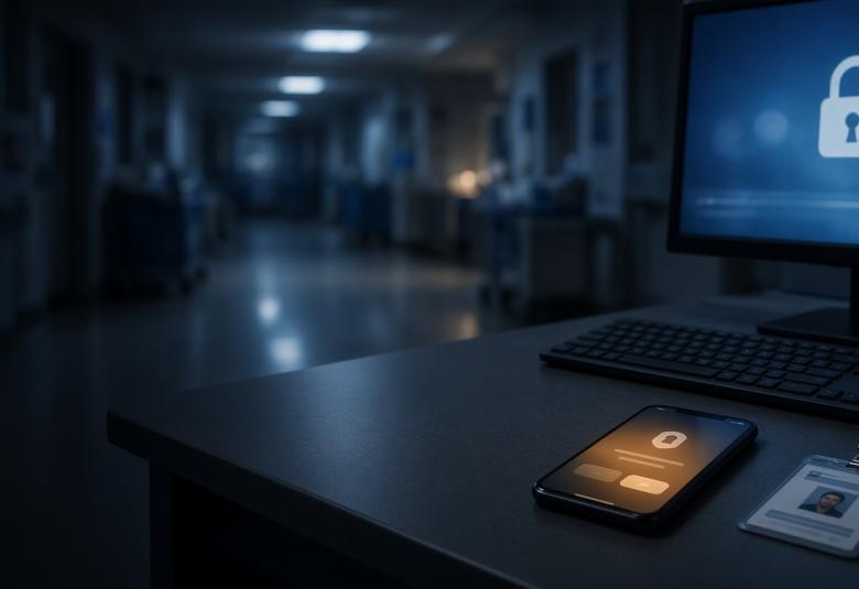 Night scene at a hospital IT workstation.