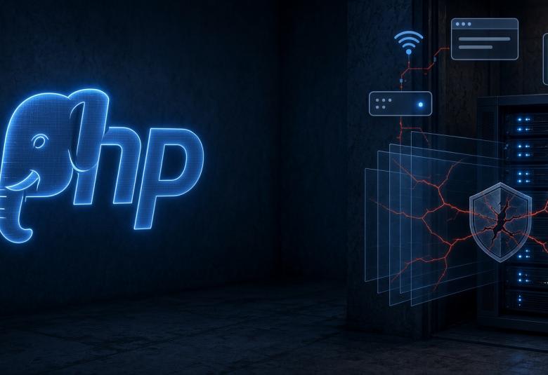 A network rack in a dark room showing a broken security shield icon, with a glowing PHP elephant logo off to the left side