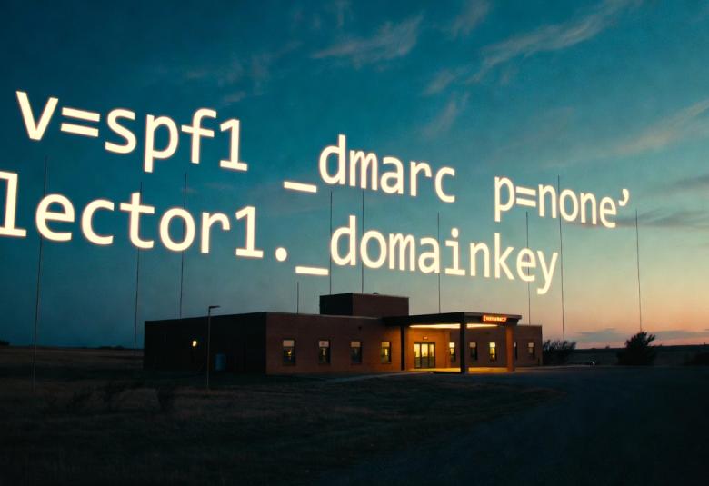 A rural hospital depiction with floating spf and dkim selectors overlayed against a twighlight sky