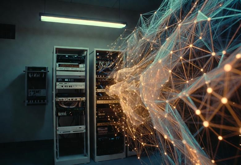 depiction of node style linked data lines streaming from out of a server cabinet