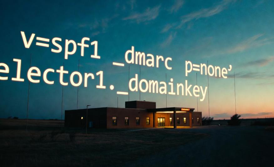 A rural hospital depiction with floating spf and dkim selectors overlayed against a twighlight sky