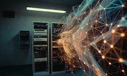 depiction of node style linked data lines streaming from out of a server cabinet