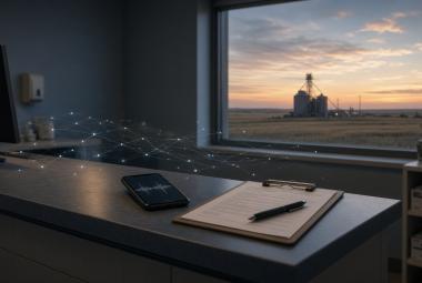 A computer and medical charting clipboard sit in front of a window with a view of a grain elevator in the distance.