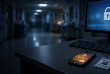 Night scene at a hospital IT workstation.