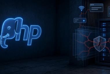 A network rack in a dark room showing a broken security shield icon, with a glowing PHP elephant logo off to the left side