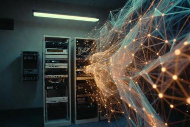 depiction of node style linked data lines streaming from out of a server cabinet