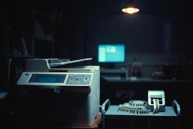 A legacy multi function printer sits next to a patient wrist band printer.  A single computer screen is lit up in the dark background.