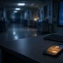 Night scene at a hospital IT workstation.