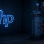 A network rack in a dark room showing a broken security shield icon, with a glowing PHP elephant logo off to the left side