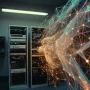 depiction of node style linked data lines streaming from out of a server cabinet